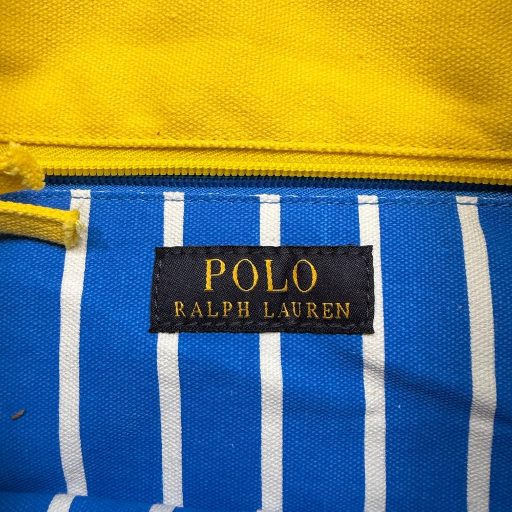 Polo Ralph Lauren Yellow Canvas Big Pony Tote Bag Blue Striped Lining Large - Picture 2 of 5